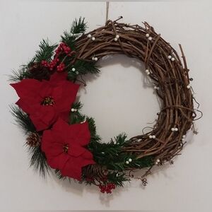 20-inch Handmade Grapevine Wreath w/ Poinsettias and Pearl Accents.